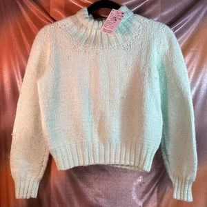 Vintage 70’s Hand Knitted Pale Green Crop Turtlen… - image 1